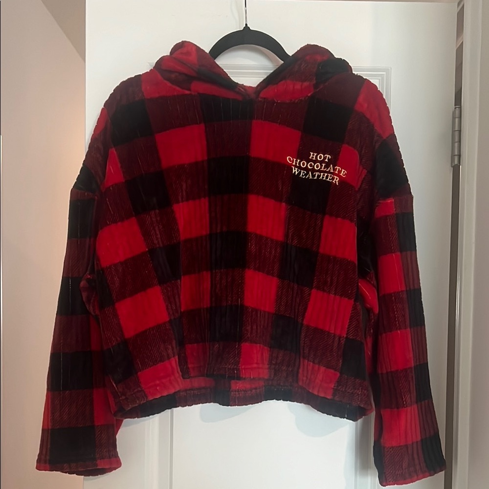 Joyspun Red Black Plaid Cropped Hoodie Size Medium Cozy Fleece